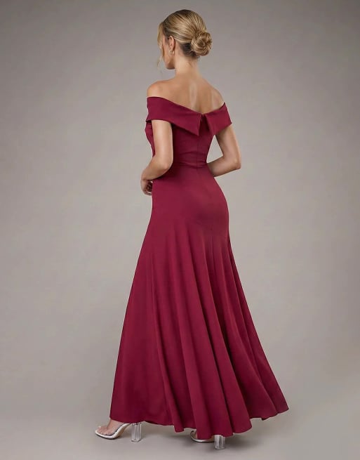 Goddiva Crepe off shoulder front split maxi dress in wine, 2 of 4