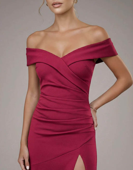 Goddiva Crepe off shoulder front split maxi dress in wine, 3 of 4