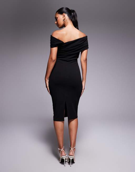 Goddiva Crepe Pleated Drop Shoulder Midi Dress in Black in Scuba-Style Fabric, 2 of 4