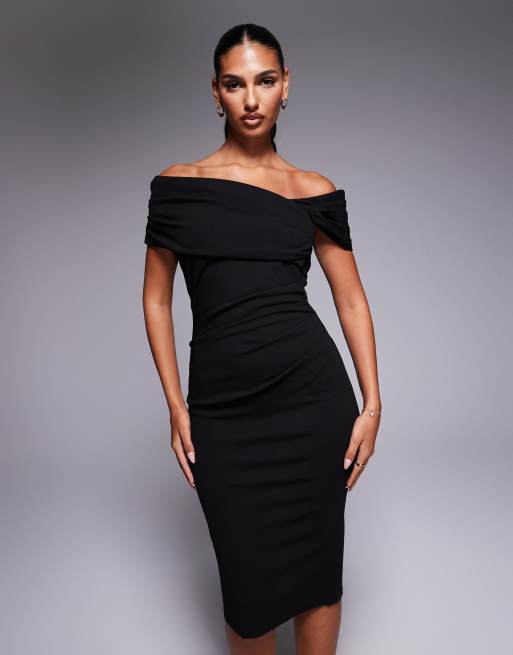 Goddiva Crepe Pleated Drop Shoulder Midi Dress in Black in Scuba-Style Fabric, 4 of 4