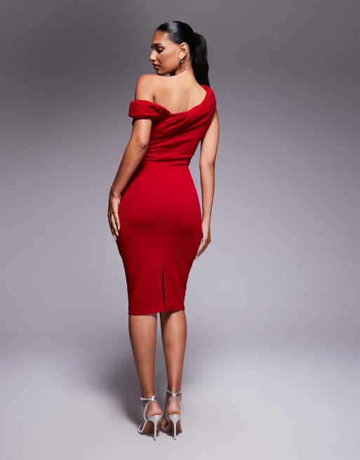 Goddiva Crepe Pleated Drop Shoulder Midi Dress in Red in Scuba-Style Fabric, 3 of 4