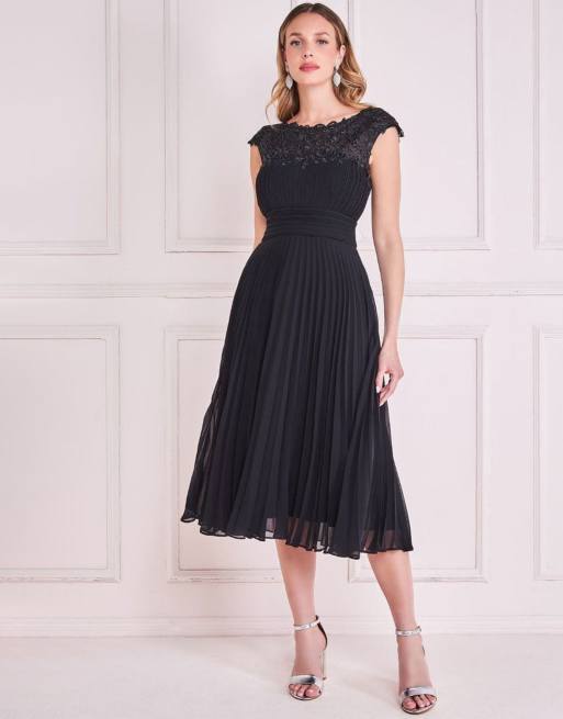 Goddiva Crochet & pleated top midi in black