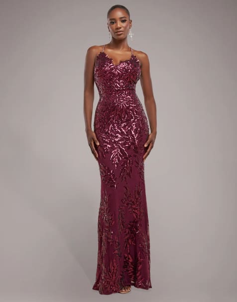 Goddiva Cross back diamante strap sequin maxi in burgundy - view 1