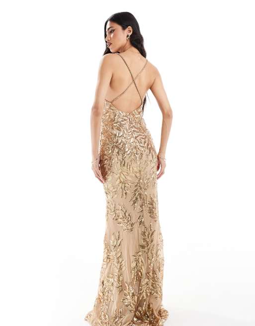 Goddiva Cross Back Diamante Strap Sequin Maxi in Gold, 2 of 4