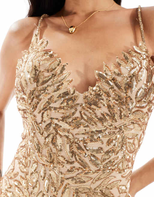 Goddiva Cross Back Diamante Strap Sequin Maxi in Gold, 3 of 4