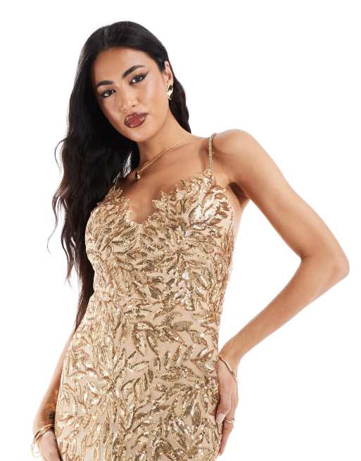 Goddiva Cross Back Diamante Strap Sequin Maxi in Gold