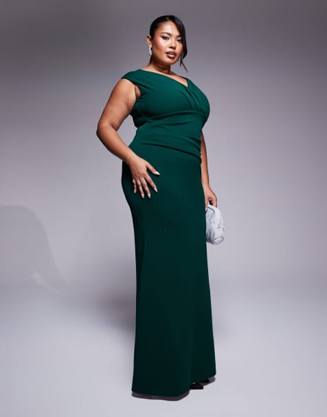 Goddiva Curve bardot pleated maxi dress in emerald