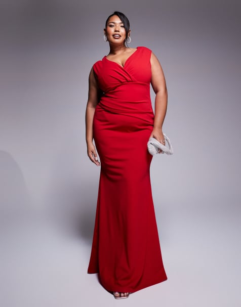 Goddiva Curve bardot pleated maxi dress in red