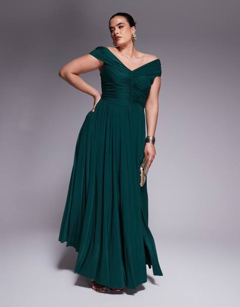 Goddiva Curve Gathered bardot bodice front split maxi dress in botanical green