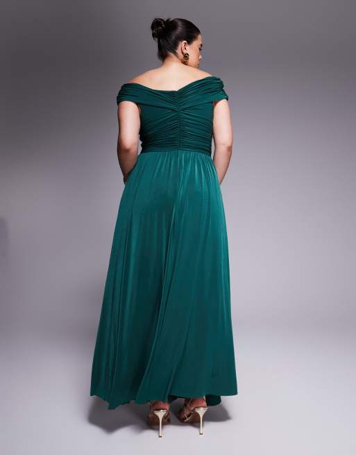 Goddiva Curve Gathered bardot bodice front split maxi dress in botanical  green | ASOS
