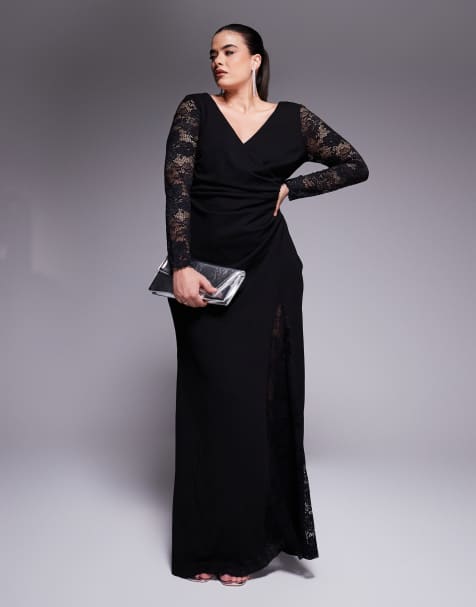 Goddiva Curve lace wrap maxi dress in black in scuba style fabric