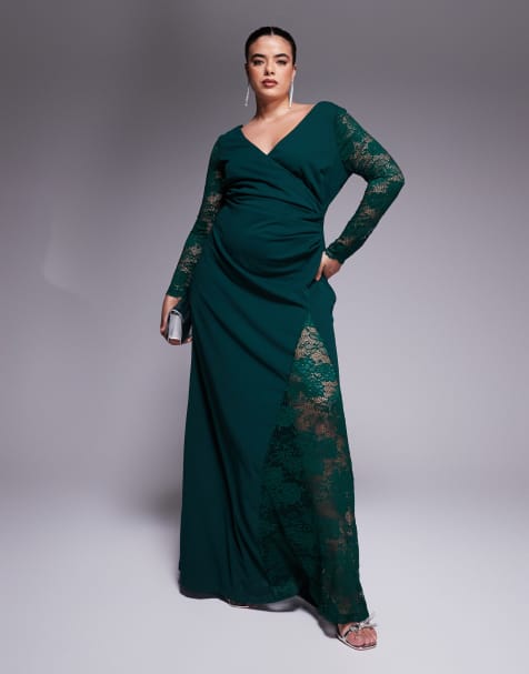 Goddiva Curve lace wrap maxi dress in emerald in scuba style fabric