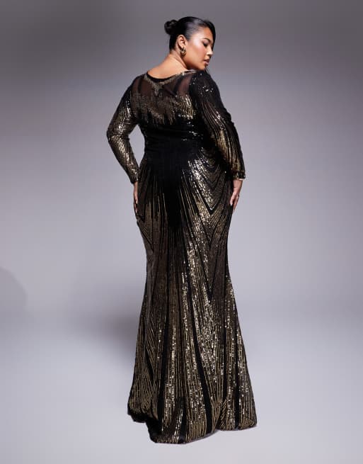 Goddiva Curve long sleeve aztec sequin maxi dress in gold | ASOS
