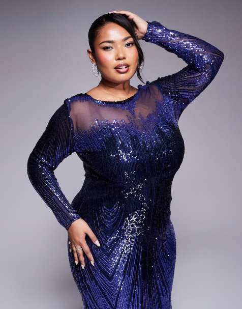 Goddiva Curve long sleeve aztec sequin maxi dress in navy