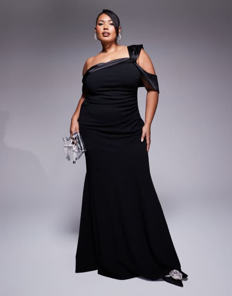 Goddiva Curve one shoulder satin band maxi dress in black