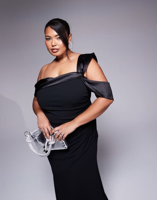 Goddiva Curve one shoulder satin band maxi dress in black, 2 of 4