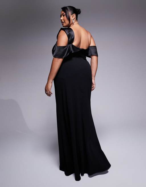 Goddiva Curve one shoulder satin band maxi dress in black, 4 of 4