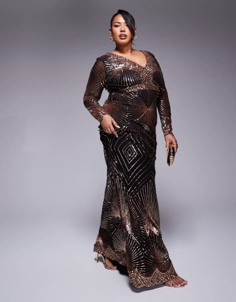 Goddiva Curve plus starburst sequin maxi dress in rosegold