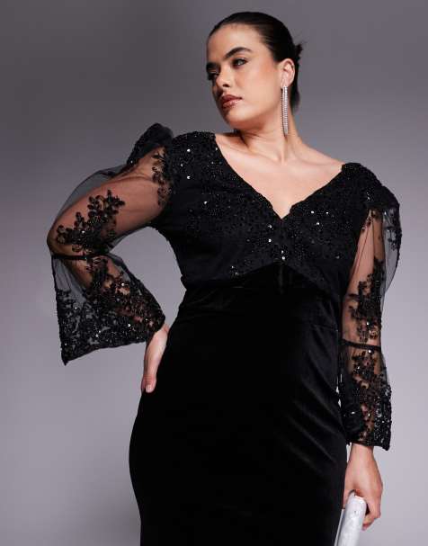 Goddiva Curve Scalloped lace & velvet maxi dress in black