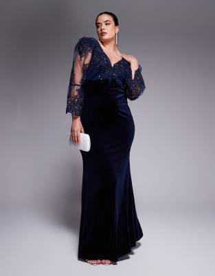 asos Goddiva Curve Scalloped lace & velvet maxi dress in navy