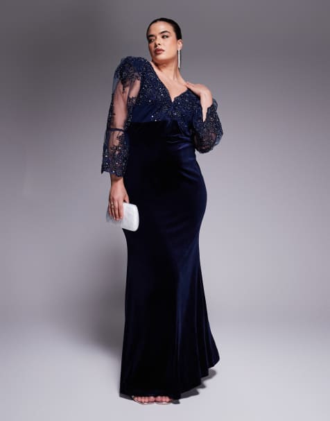 Goddiva Curve Scalloped lace & velvet maxi dress in navy