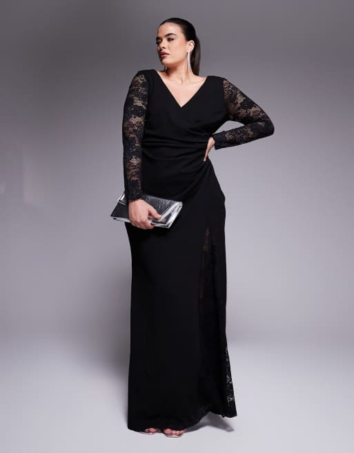 Goddiva Curve Scuba & lace wrap maxi dress in black