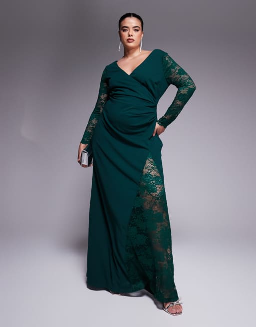 Goddiva Curve Scuba & lace wrap maxi dress in emerald