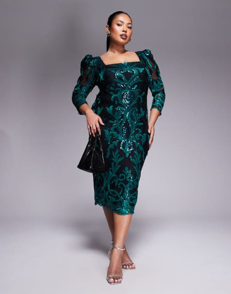 Goddiva Curve Square neck scalloped lace midi dress in emerald