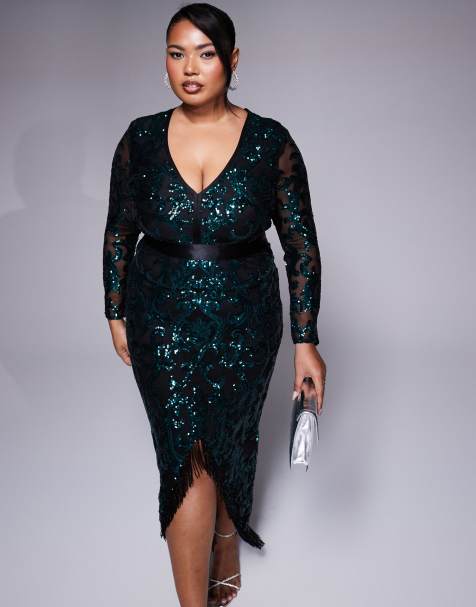 Goddiva Curve tassel & sequin maxi with front split in emerald