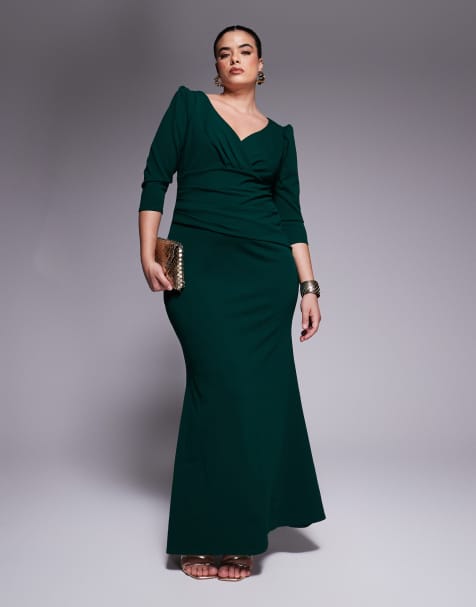 Goddiva Curve Three quarter faux wrap neck maxi dress in emerald green