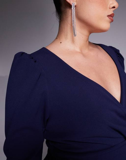 Goddiva Curve Three quarter faux wrap neck maxi dress in navy blue, 2 of 4