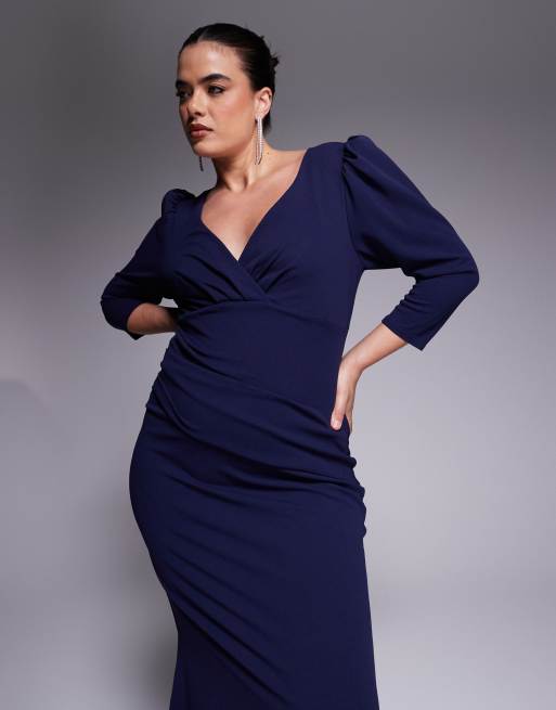 Goddiva Curve Three quarter faux wrap neck maxi dress in navy blue, 3 of 4