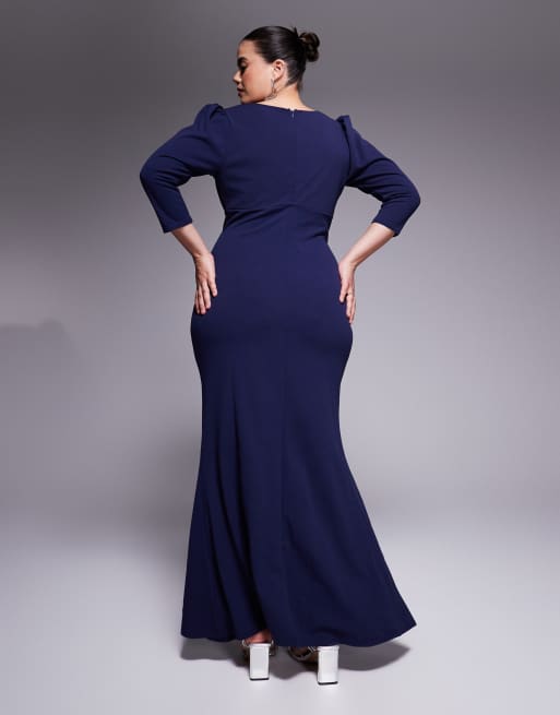 Goddiva Curve Three quarter faux wrap neck maxi dress in navy blue, 4 of 4