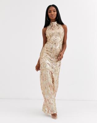 Goddiva bandeau sequin embellished 2024 maxi dress in gold