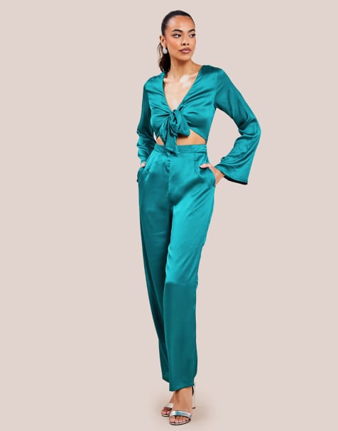 Goddiva Cut out satin jumpsuit in emerald - view 1
