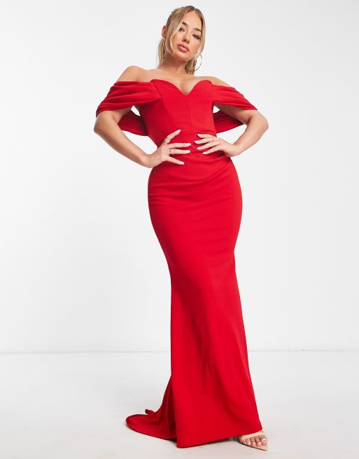 Goddiva – Czerwona sukienka maxi z rozszerzanym dołem i dekoltem typu bardot