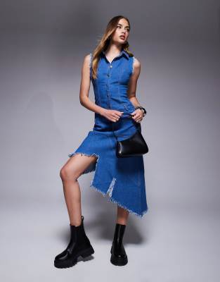 Goddiva Denim Frayed Asymmetric Sleeveless Midaxi Shirt Dress In Blue