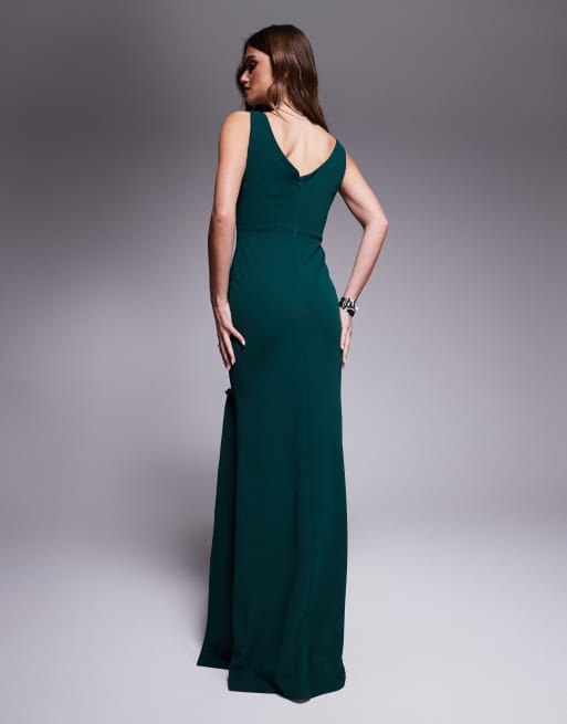 Goddiva Diamante brooch thigh split mermaid maxi dress in emerald, 2 of 4