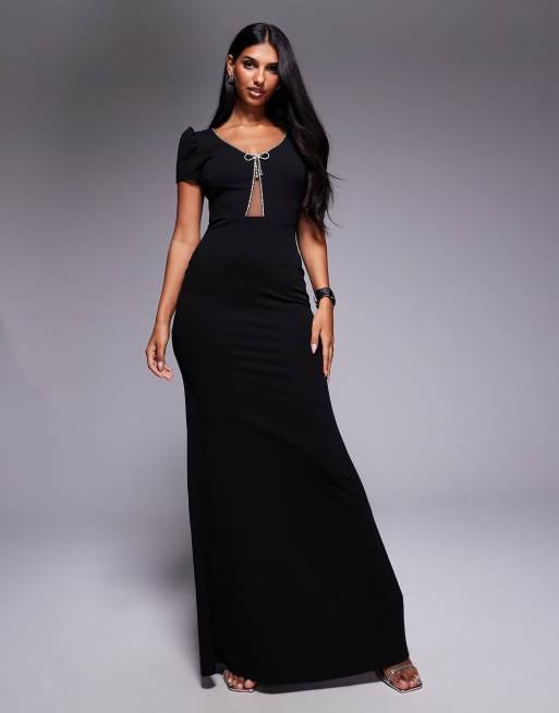 Goddiva Diamante embellished bow scuba crepe maxi dress in black