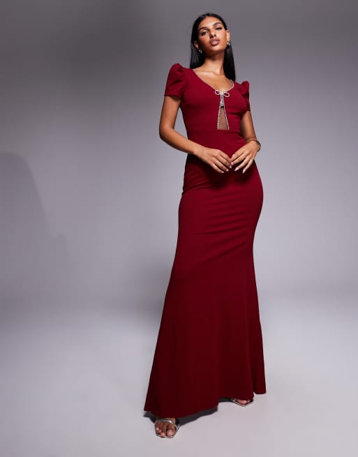 Goddiva Diamante embellished bow scuba crepe maxi dress in wine