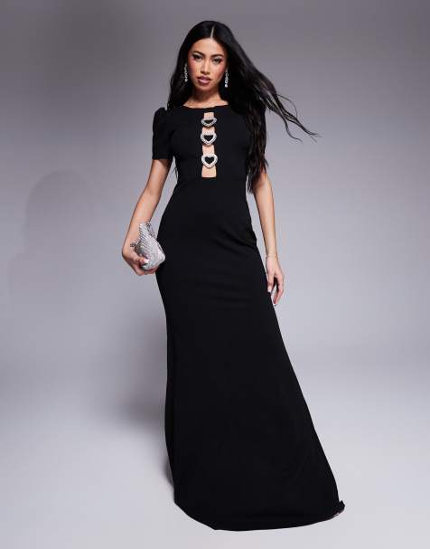 Goddiva Diamante embellished heart brooch maxi dress in black in scuba style fabric - view 1