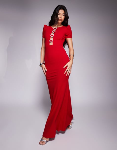 Goddiva Diamante embellished heart brooch maxi dress in red in scuba style fabric - view 1