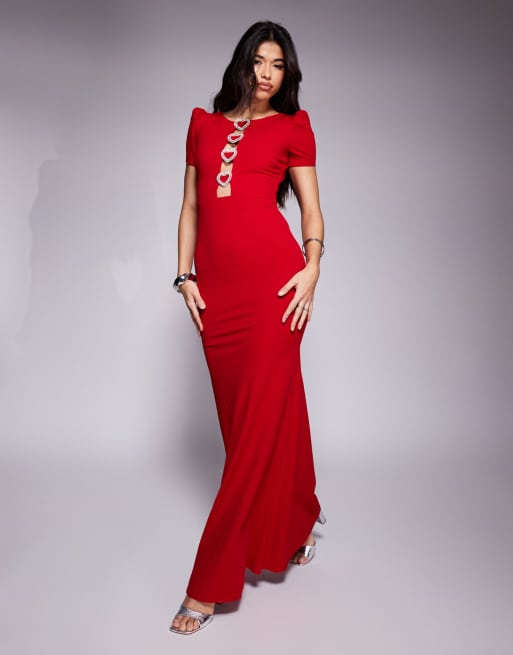 Goddiva Diamante embellished heart brooch scuba maxi dress in red
