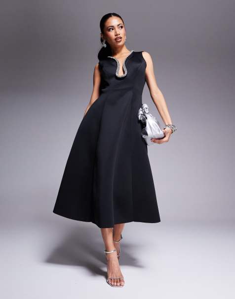 Goddiva Diamante embellished neck a line midi dress in black