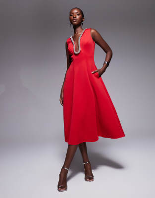 Goddiva Diamante Embellished Neck A Line Midi Dress In Red