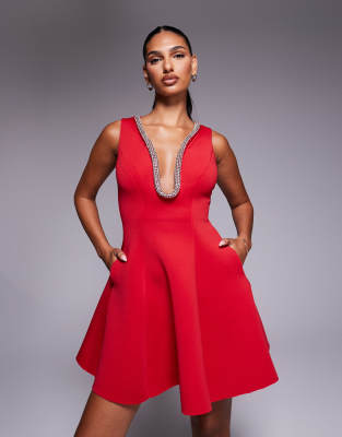 Goddiva Diamante Embellished Neck A Line Mini Dress In Red