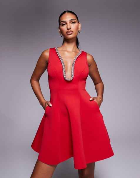 Goddiva Diamante embellished neck a line mini dress in red