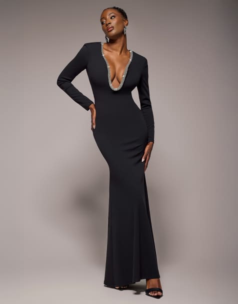 Goddiva Diamante embellished neck bodycon maxi dress in black