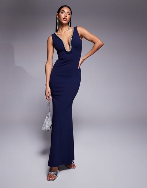 Goddiva Diamante embellished super plunge maxi dress in navy in scuba style fabric - view 1