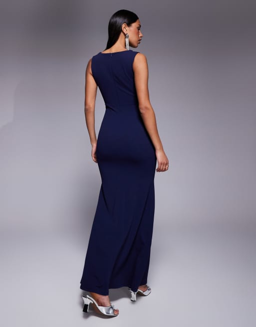 Goddiva Diamante embellished super plunge maxi dress in navy in scuba style fabric, 2 of 4